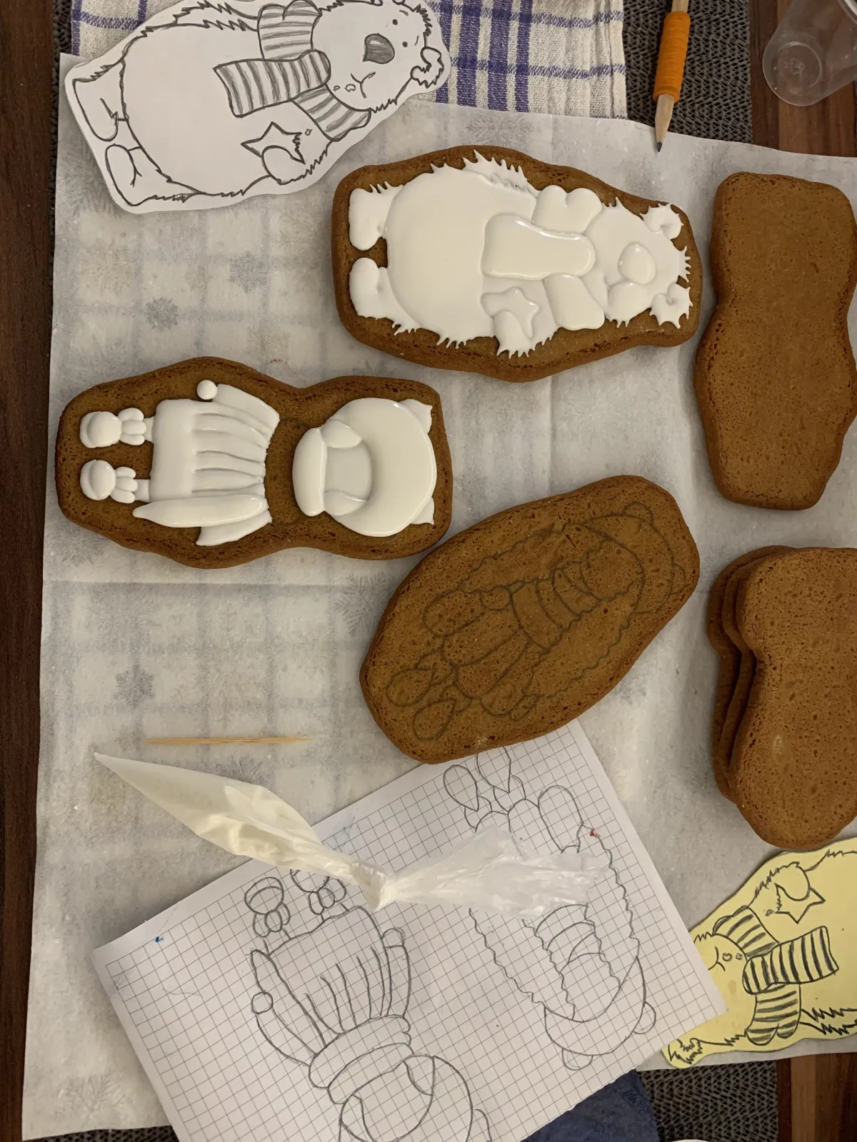 Cookies and stencil during decorating process